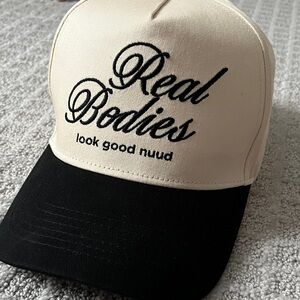 NWT - nuuds Real Bodies Embroidered Trucker Hat - Cream & Black